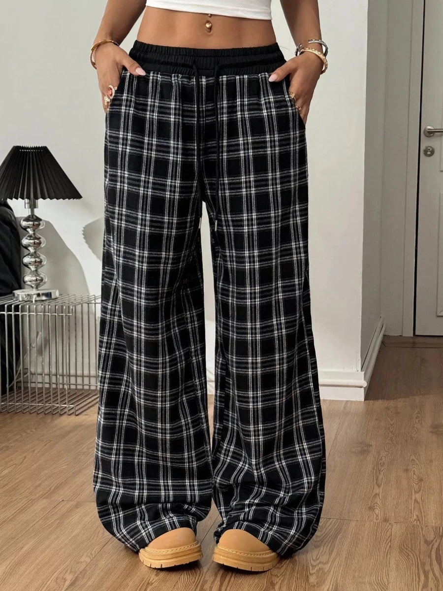 Plaid Wide - Leg Pants with Elastic Waistband - Wow Store