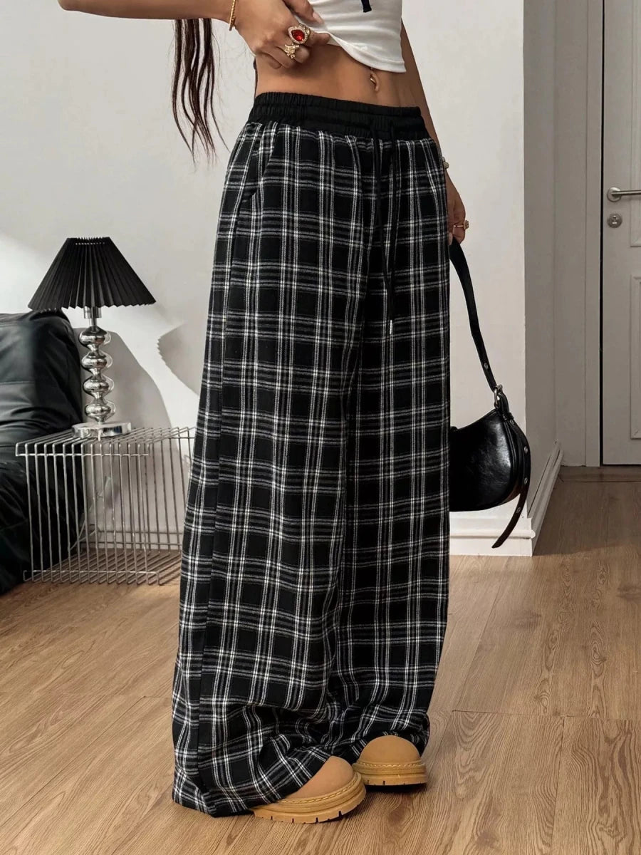 Plaid Wide - Leg Pants with Elastic Waistband - Wow Store
