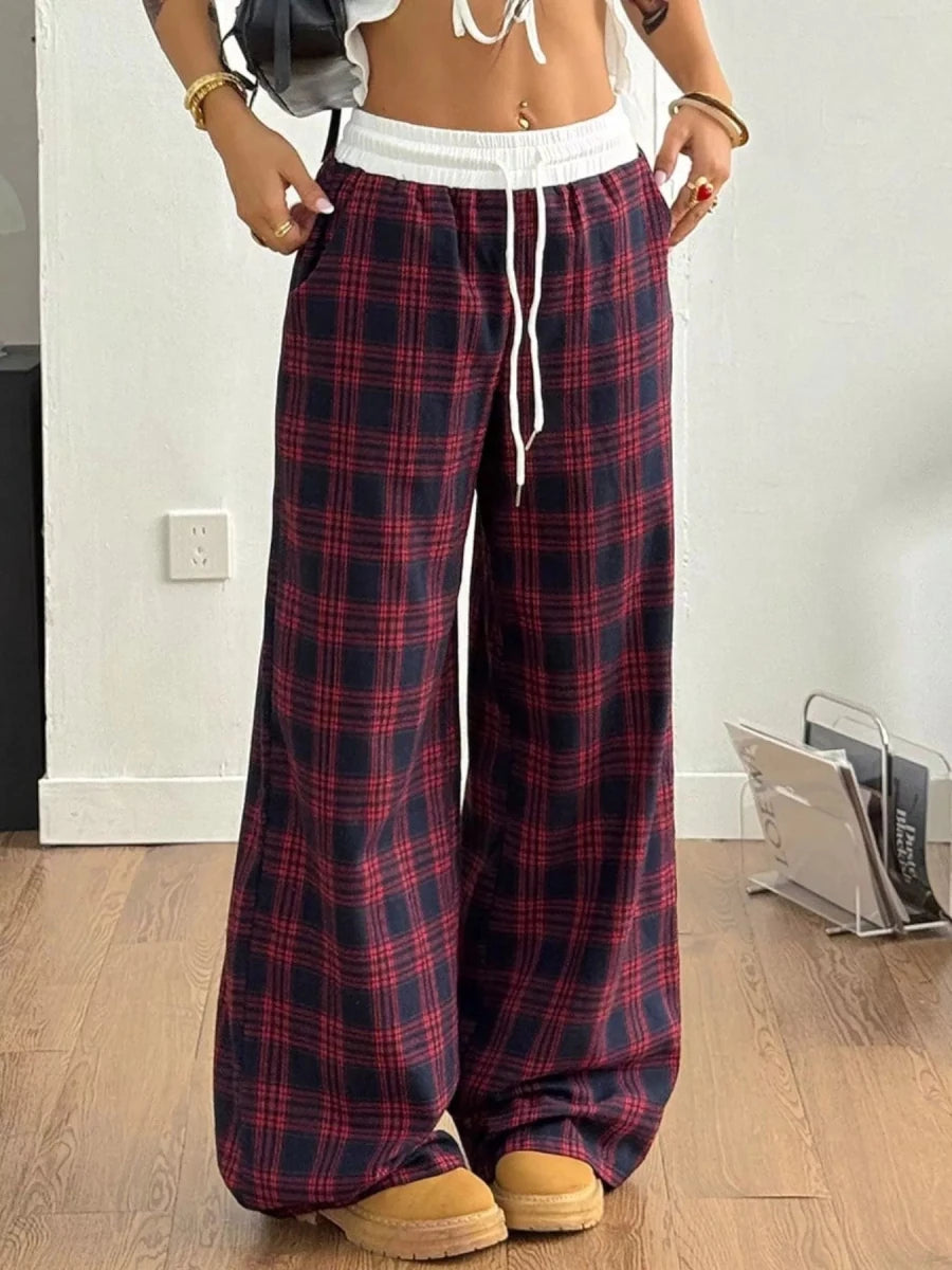 Plaid Wide - Leg Pants with Elastic Waistband - Wow Store