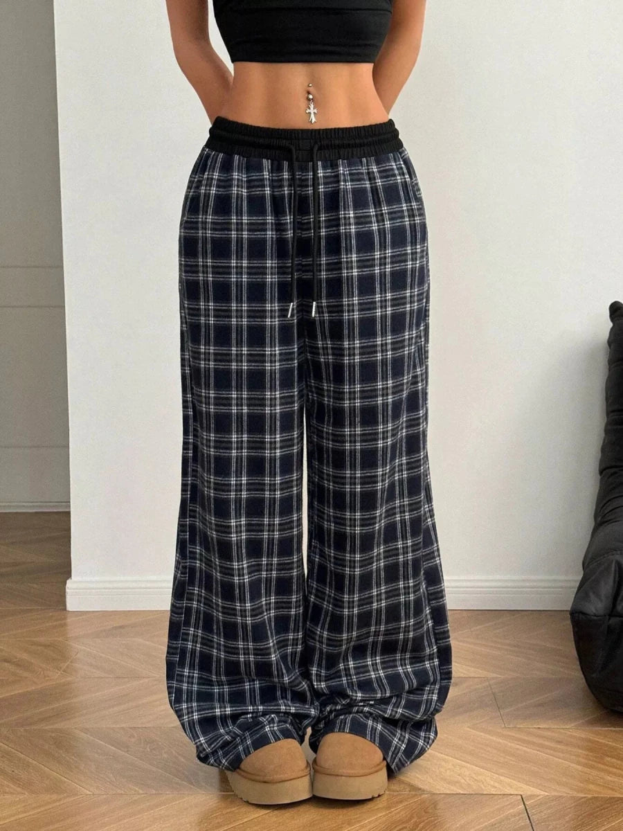 Plaid Wide - Leg Pants with Elastic Waistband - Wow Store