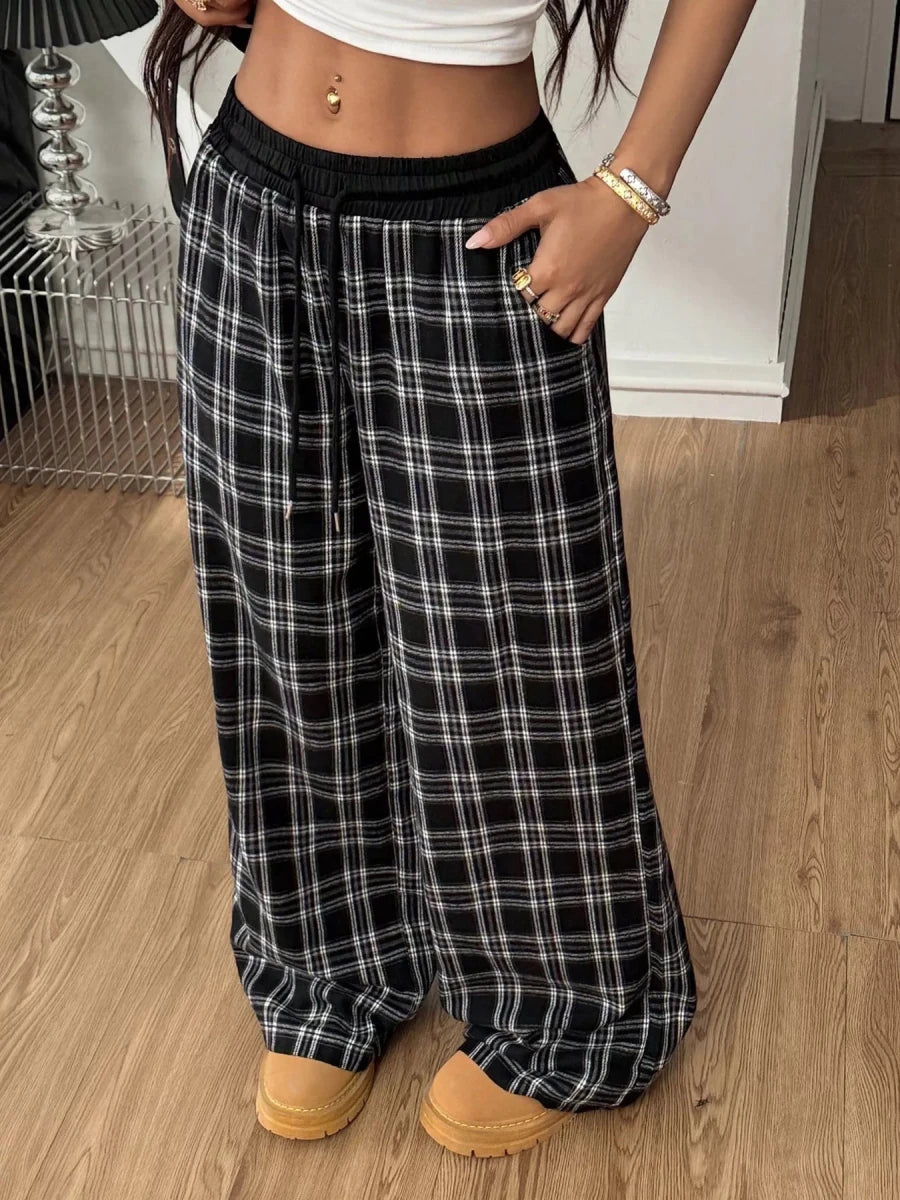 Plaid Wide - Leg Pants with Elastic Waistband - Wow Store