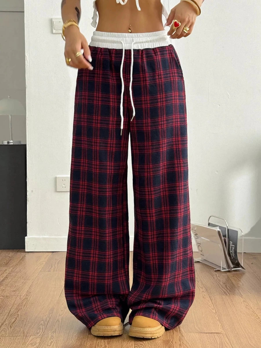 Plaid Wide - Leg Pants with Elastic Waistband - Wow Store