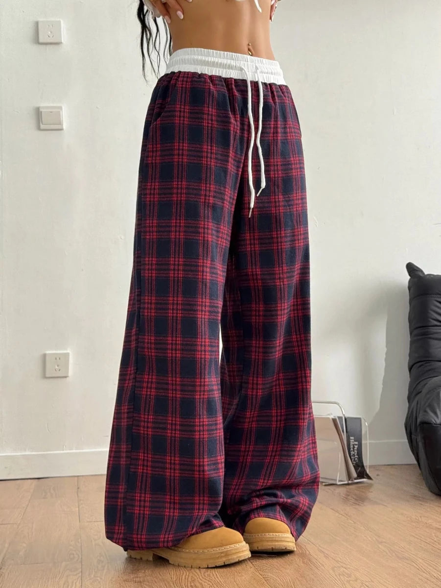 Plaid Wide - Leg Pants with Elastic Waistband - Wow Store