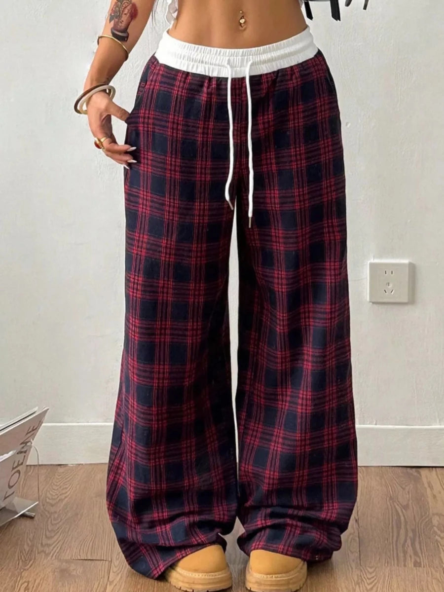 Plaid Wide - Leg Pants with Elastic Waistband - Wow Store