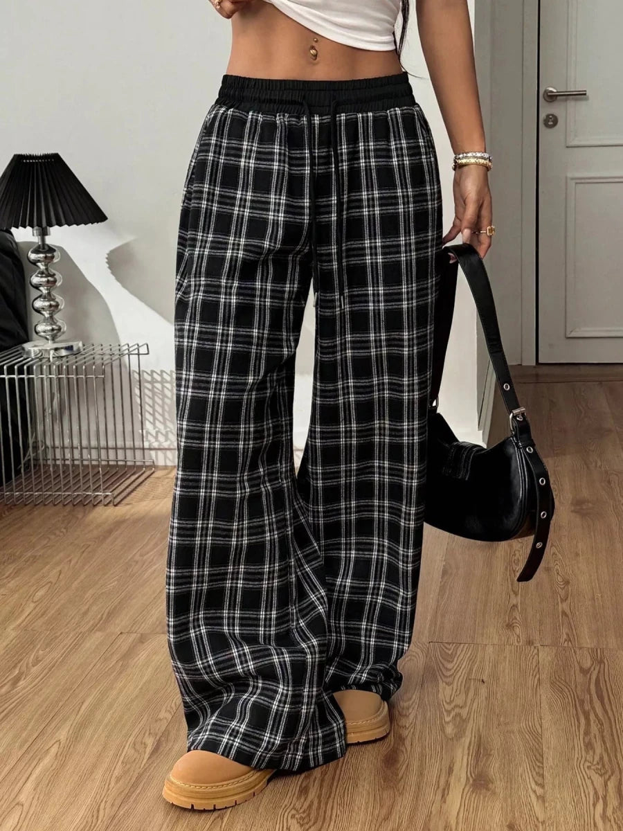 Plaid Wide - Leg Pants with Elastic Waistband - Wow Store