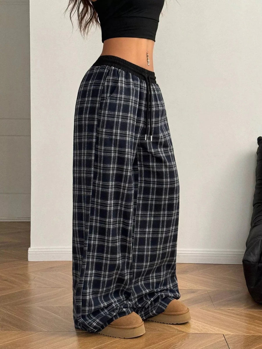 Plaid Wide - Leg Pants with Elastic Waistband - Wow Store
