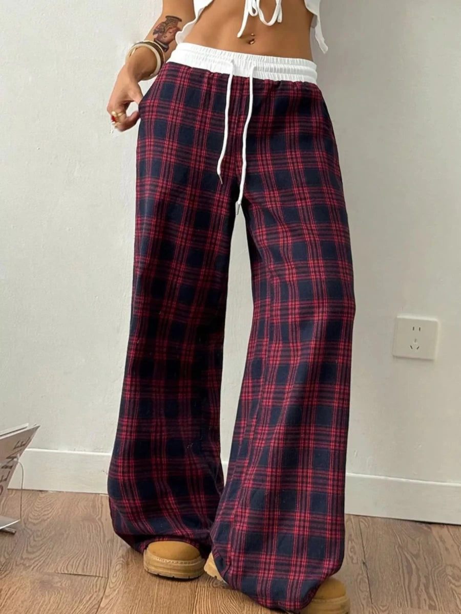 Plaid Wide - Leg Pants with Elastic Waistband - Wow Store