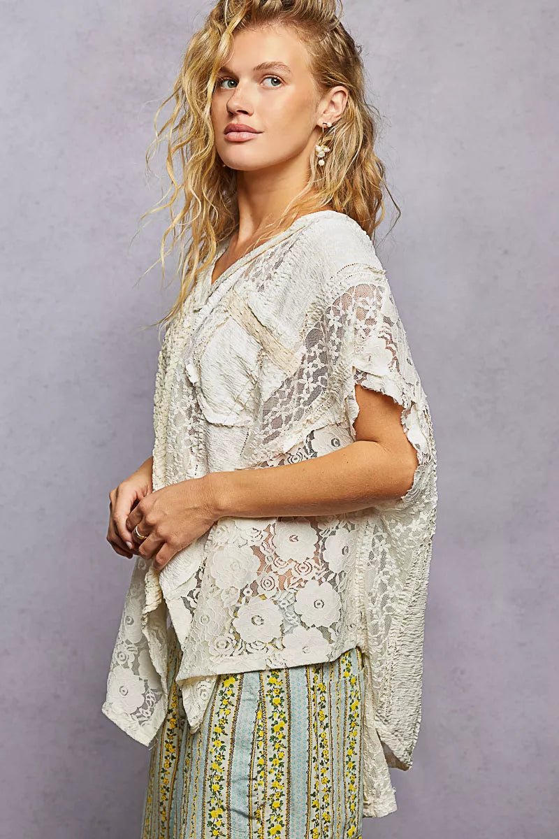 POL Asymmetrical V - Neck Short Sleeve Lace Top - Wow Store