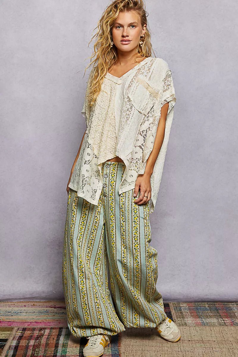 POL Asymmetrical V - Neck Short Sleeve Lace Top - Wow Store