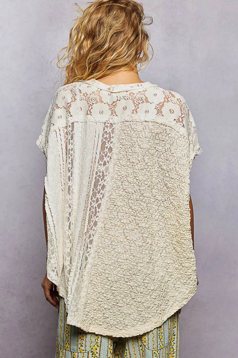 POL Asymmetrical V - Neck Short Sleeve Lace Top - Wow Store