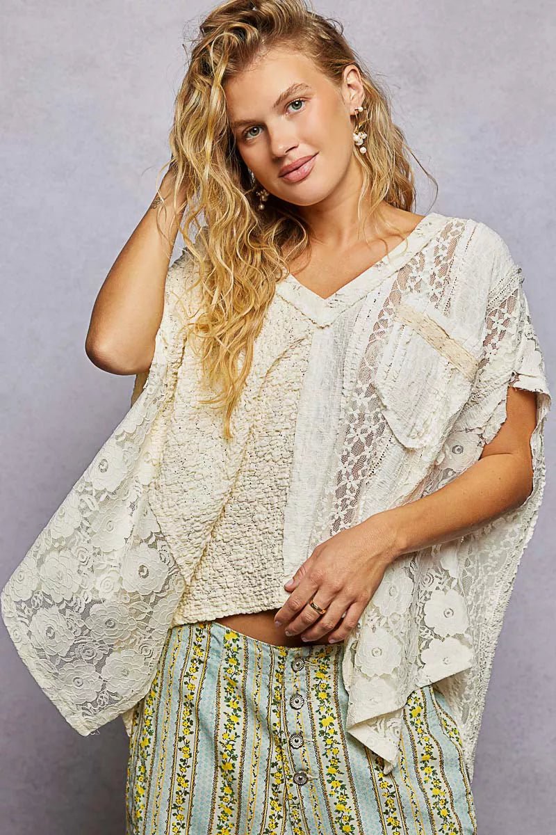 POL Asymmetrical V - Neck Short Sleeve Lace Top - Wow Store