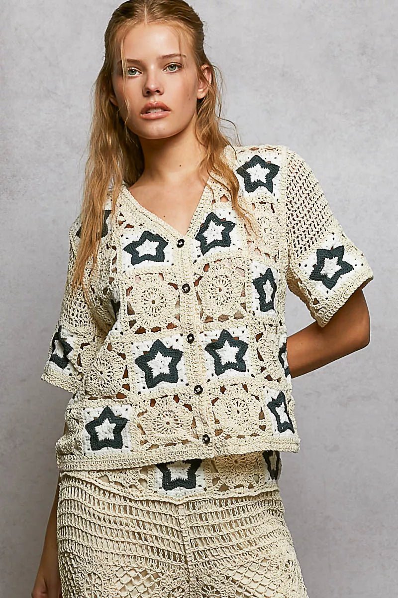 POL Button Front V - Neck Crochet Cardigan with Contast Star - Wow Store