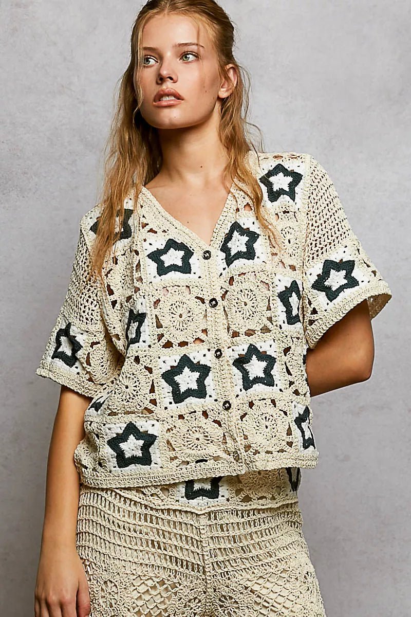 POL Button Front V-Neck Crochet Cardigan with Contrast Star - Boho chic knitwear featuring intricate crochet detailing and pl