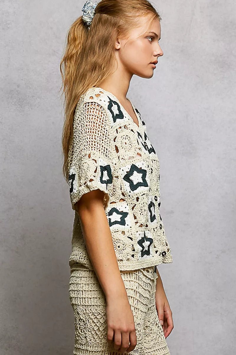 POL Button Front V - Neck Crochet Cardigan with Contast Star - Wow Store