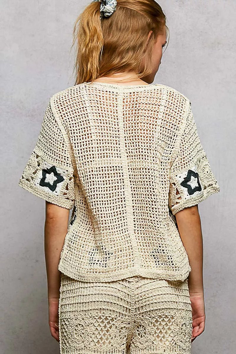 POL Button Front V - Neck Crochet Cardigan with Contast Star - Wow Store
