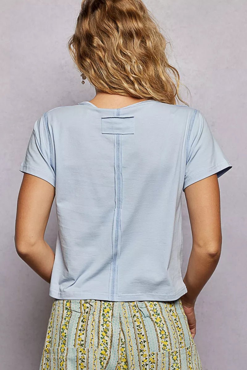POL Contrast Stitching Round Neck Short Sleeve T-Shirt - Wow Store