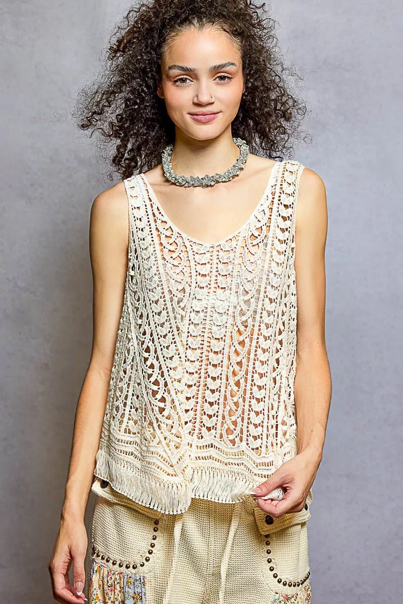 POL Crochet Fringe Hem Tank Top – lightweight boho tank with open crochet hem and fringe detail in ivory