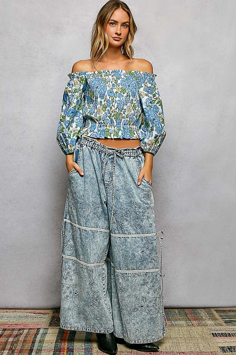 POL Floral Print Smocked Off - Shoulder Blouse - Wow Store