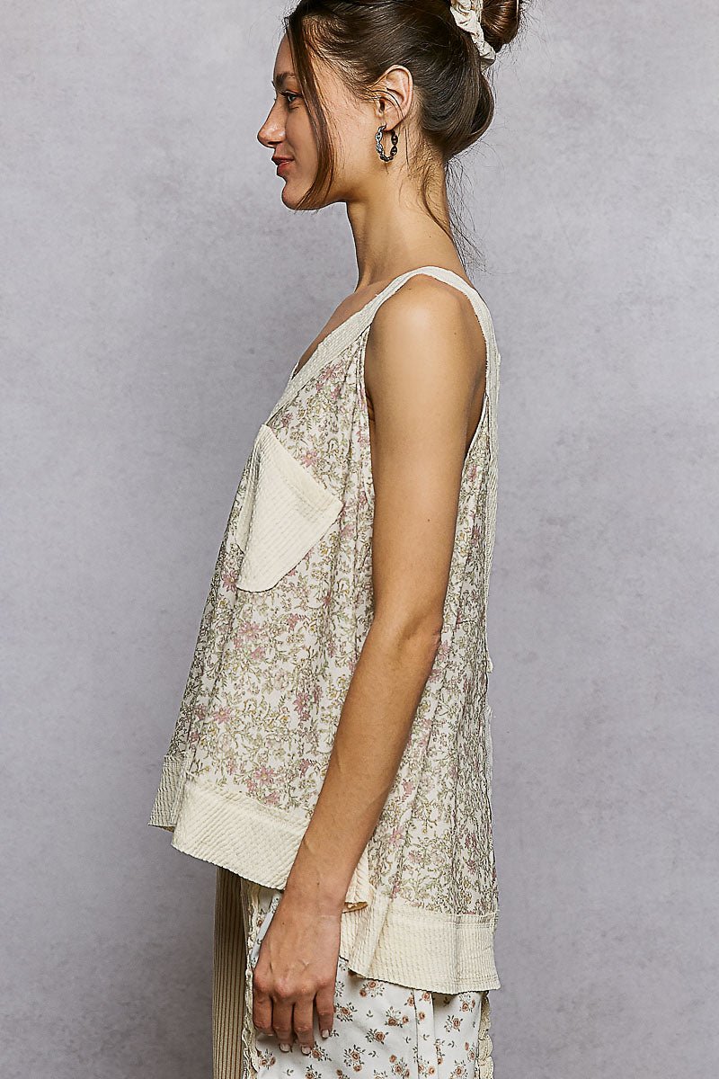 POL Floral V - Neck Tank with Front Pocket - Wow Store