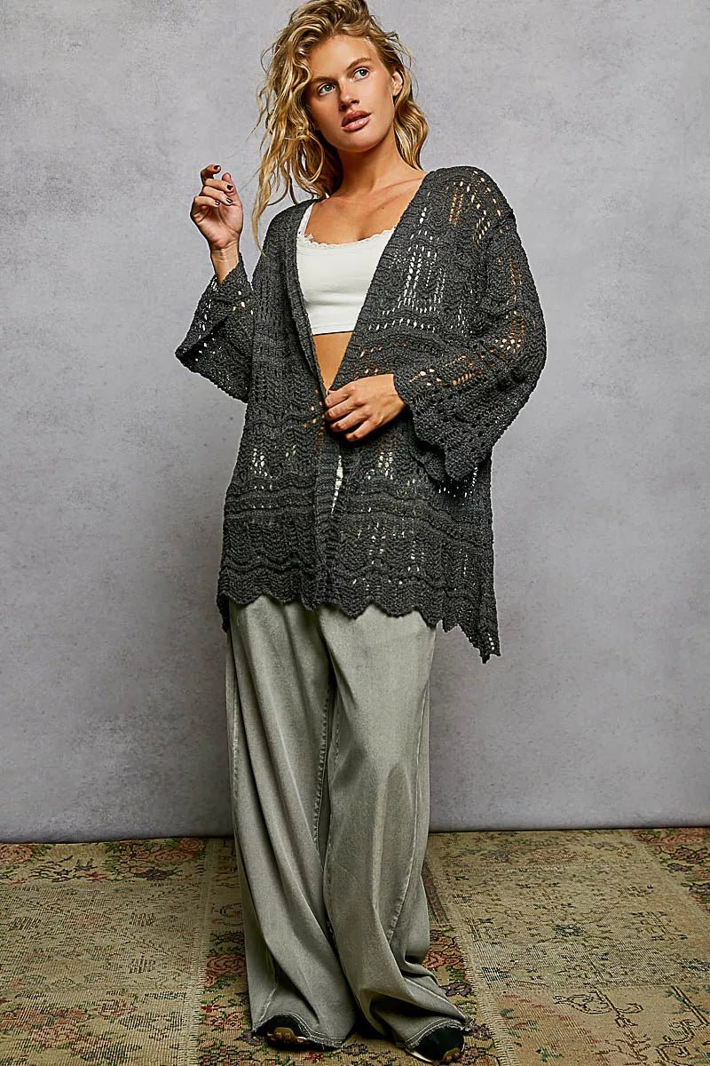 POL Openwork Lightweight Open Front Cardigan with Scalloped Edge - Wow Store