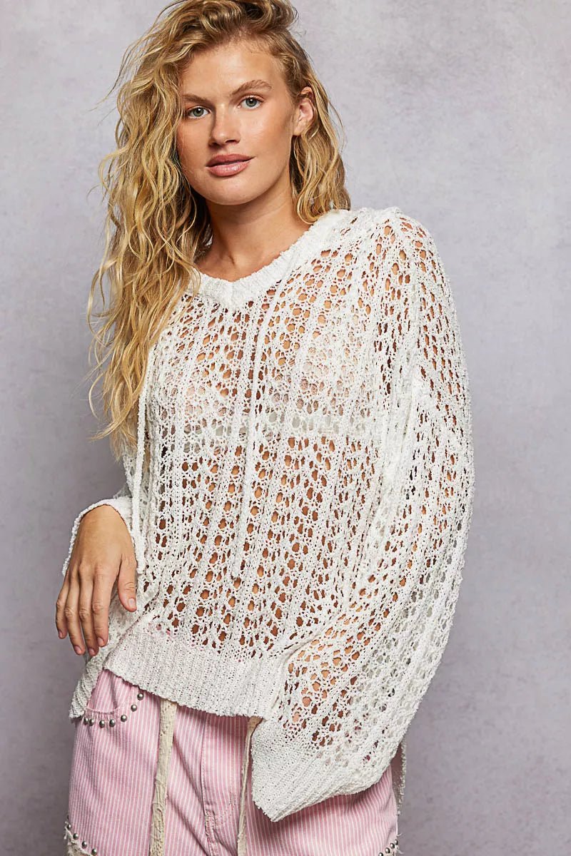 POL Openwork Round Neck High Low Knit Top in beige with openwork knit pattern and high-low hem