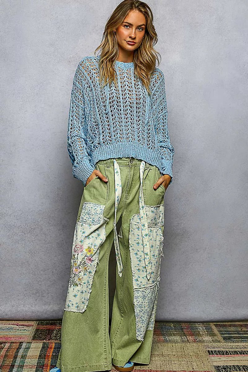 POL Openwork Round Neck High Low Knit Top - Wow Store