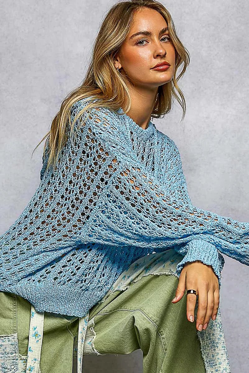 POL Openwork Round Neck High Low Knit Top - Wow Store