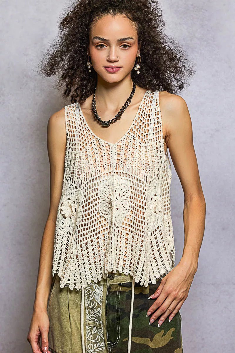 POL Openwork V-Neck Crochet Tank with openwork lace design and relaxed fit – Boho top