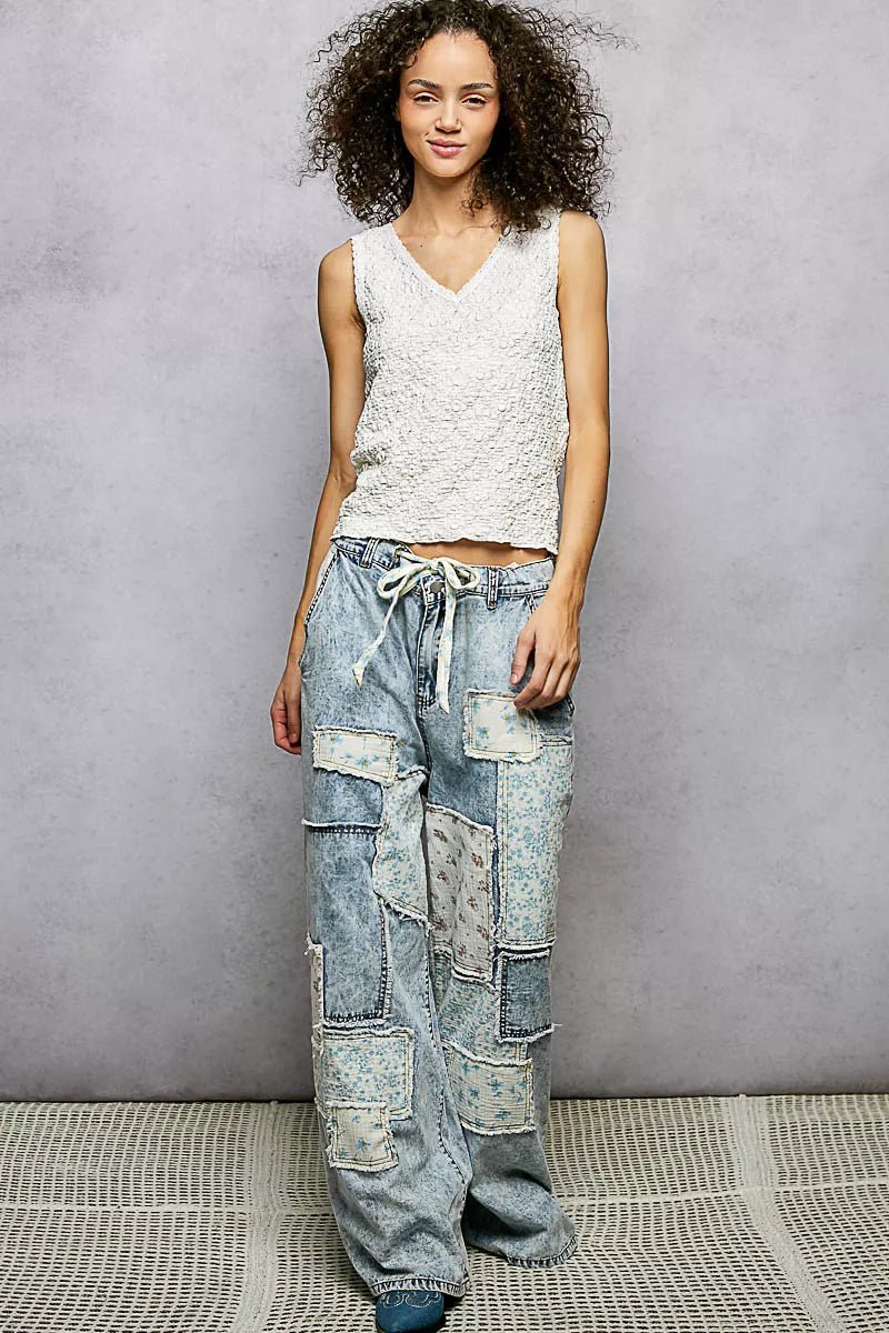 POL Textured Knit V - Neck Tank with Lace Trim - Wow Store