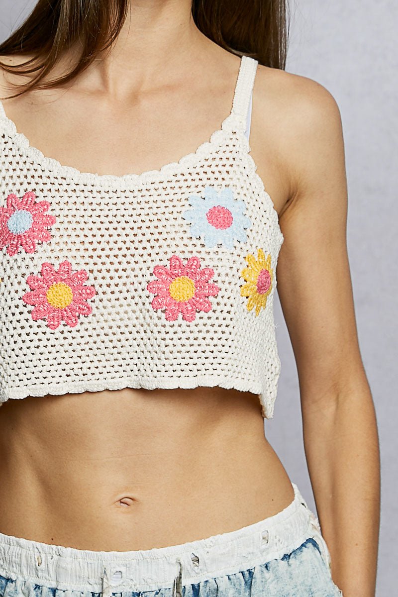 POL U - Neck Cropped Crochet Cami with Floral Embroidery Detail - Wow Store