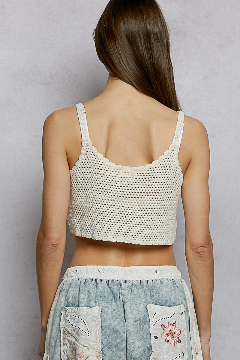 POL U - Neck Cropped Crochet Cami with Floral Embroidery Detail - Wow Store
