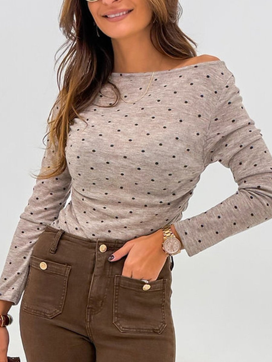 Polka Dot Boat Neck Knit Long Sleeve T Shirt in soft pink – feminine knit tee with delicate dot pattern and flattering neckli