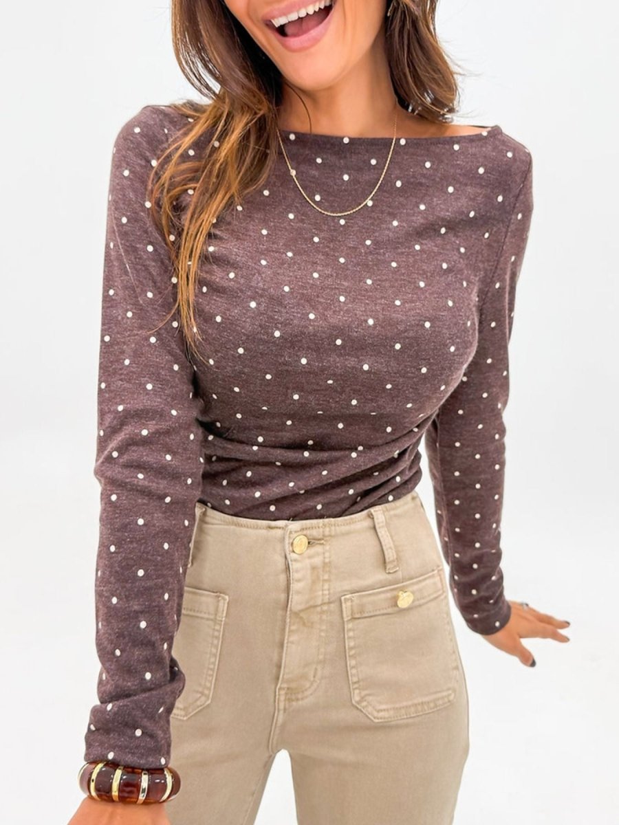 Polka Dot Boat Neck Knit Long Sleeve T Shirt - Wow Store