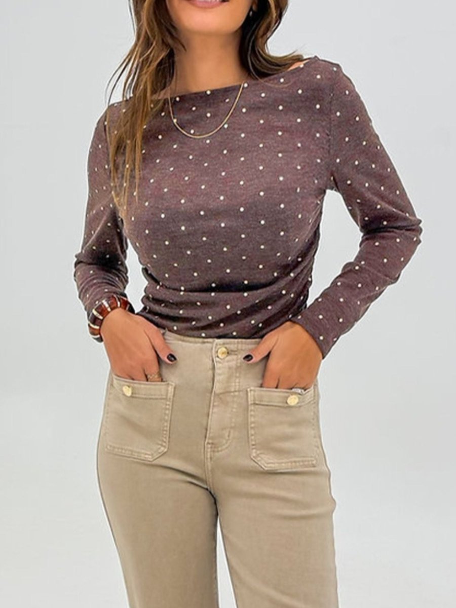 Polka Dot Boat Neck Knit Long Sleeve T Shirt - Wow Store