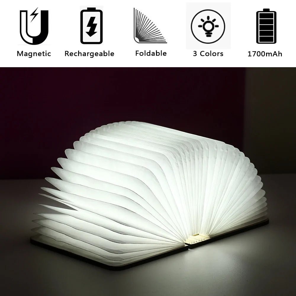 Portable 3D LED Book Night Light: Wooden, USB Rechargeable, Foldable - Wow Store