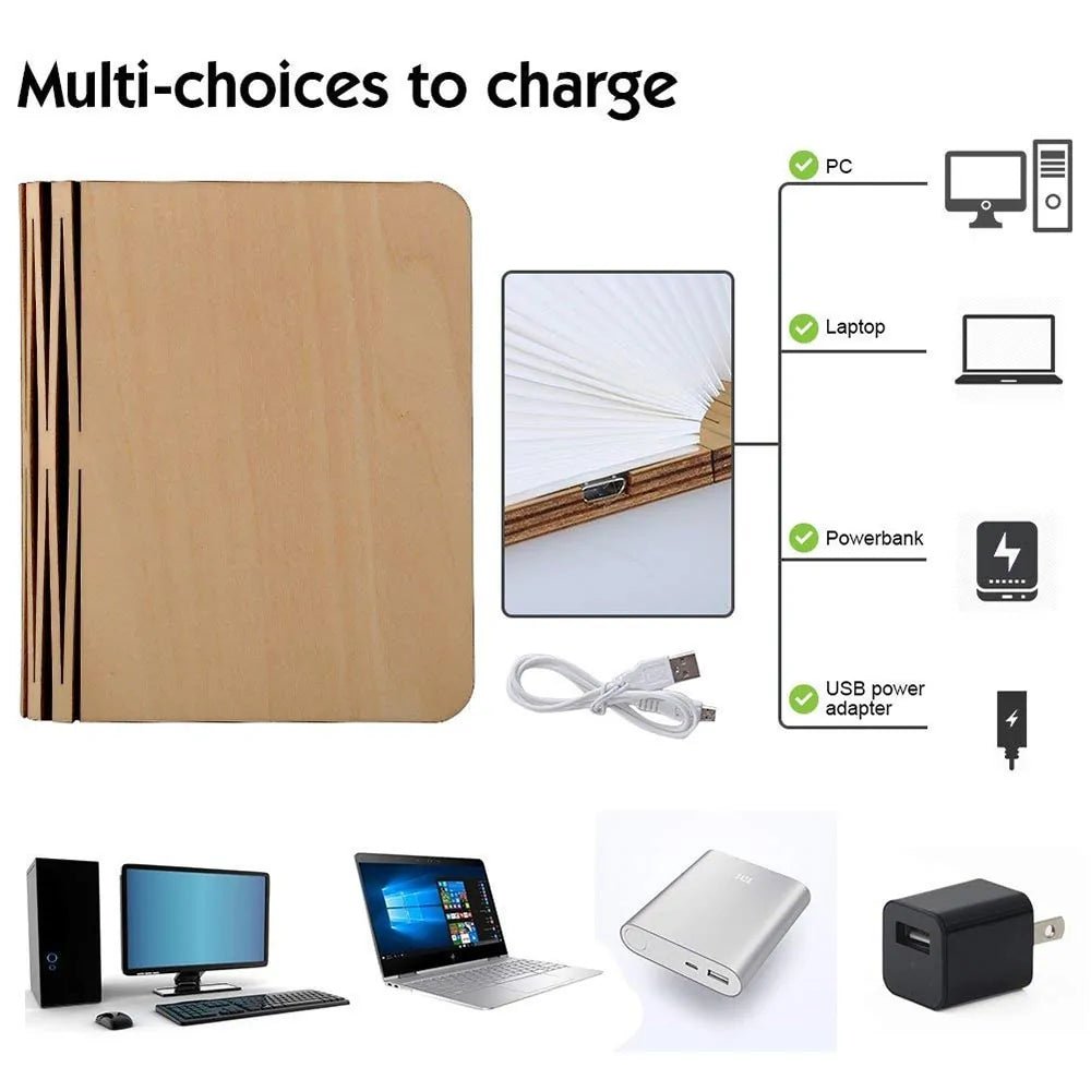 Portable 3D LED Book Night Light: Wooden, USB Rechargeable, Foldable - Wow Store