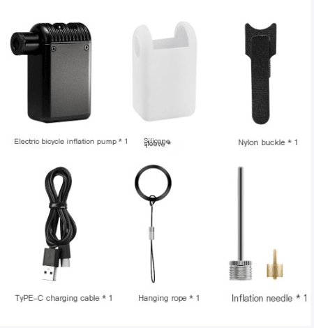 Kit laid out: pump, silicone sleeve, nylon strap, USB-C cable, hanging rope and ball needle