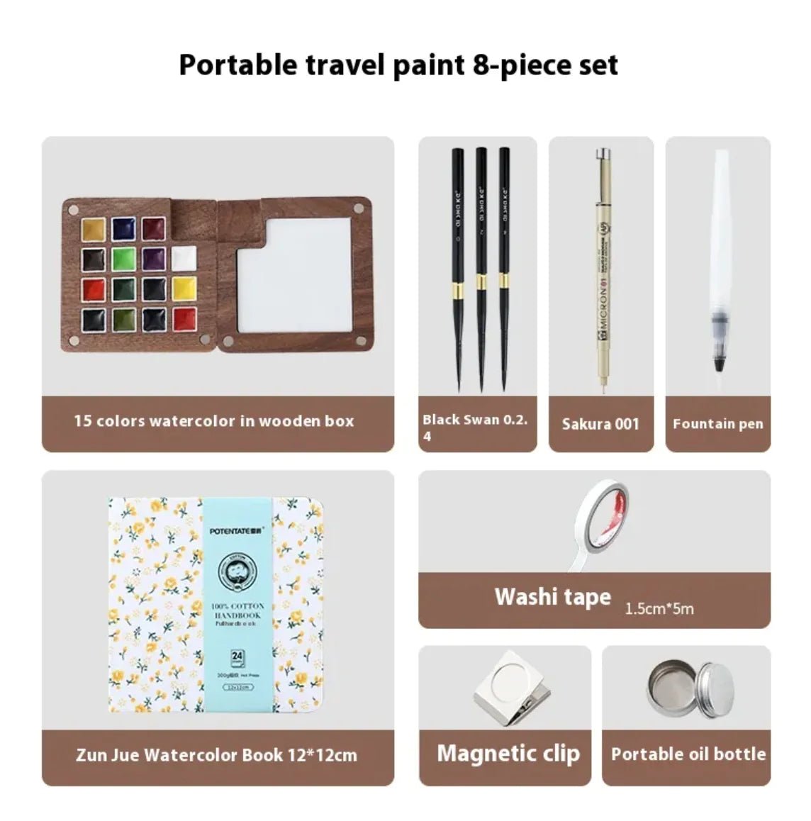 Portable Mini Walnut Watercolor Set with 8 Colors for Sketching & Journaling - Wow Store