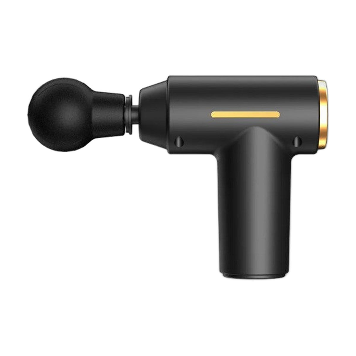 Portable massage gun in black with round head, on white