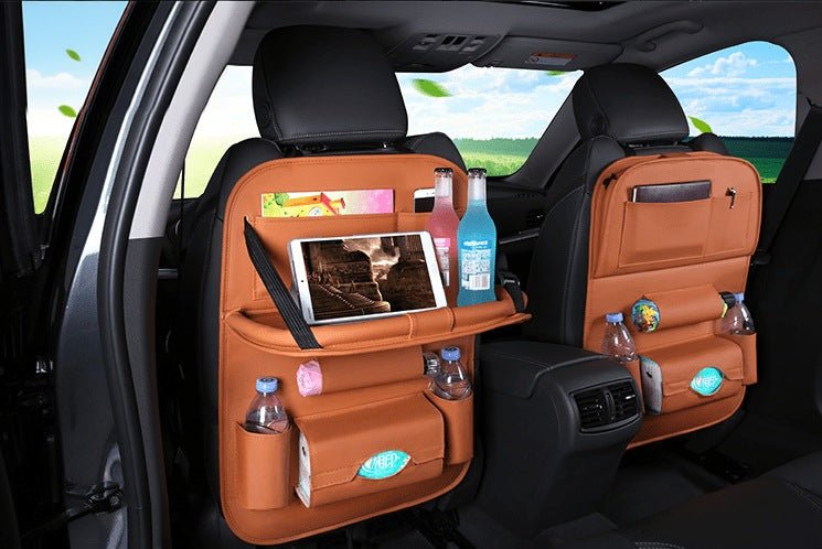 Orange seat back organizer with tray, bottle holders and tissue pocket