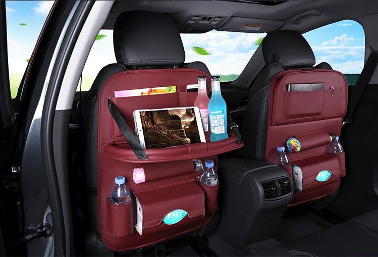 Wine red car seat back organizer with fold-down tray, tablet and bottles, on two front seats