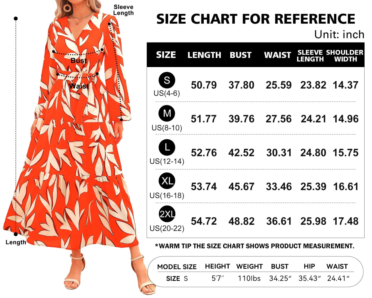 PRETTY GARDEN Womens Fall Long Sleeve Wrap V Neck Ruffle Floral Maxi Dress Casual Tie Waist Boho - orange White - Wow Store