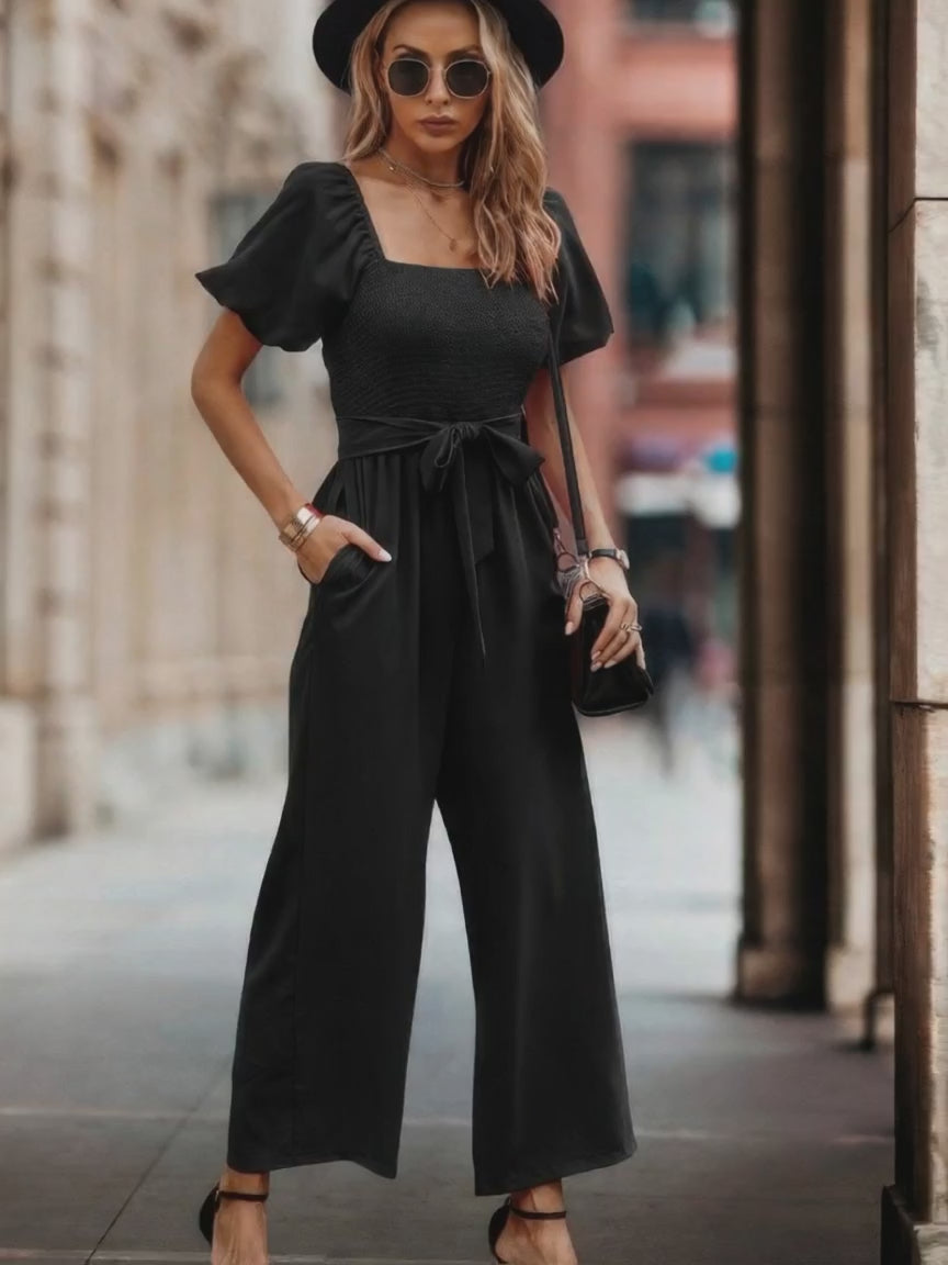 Square Neck Puff Sleeve Belted Fit Jumpsuit - Wow Store