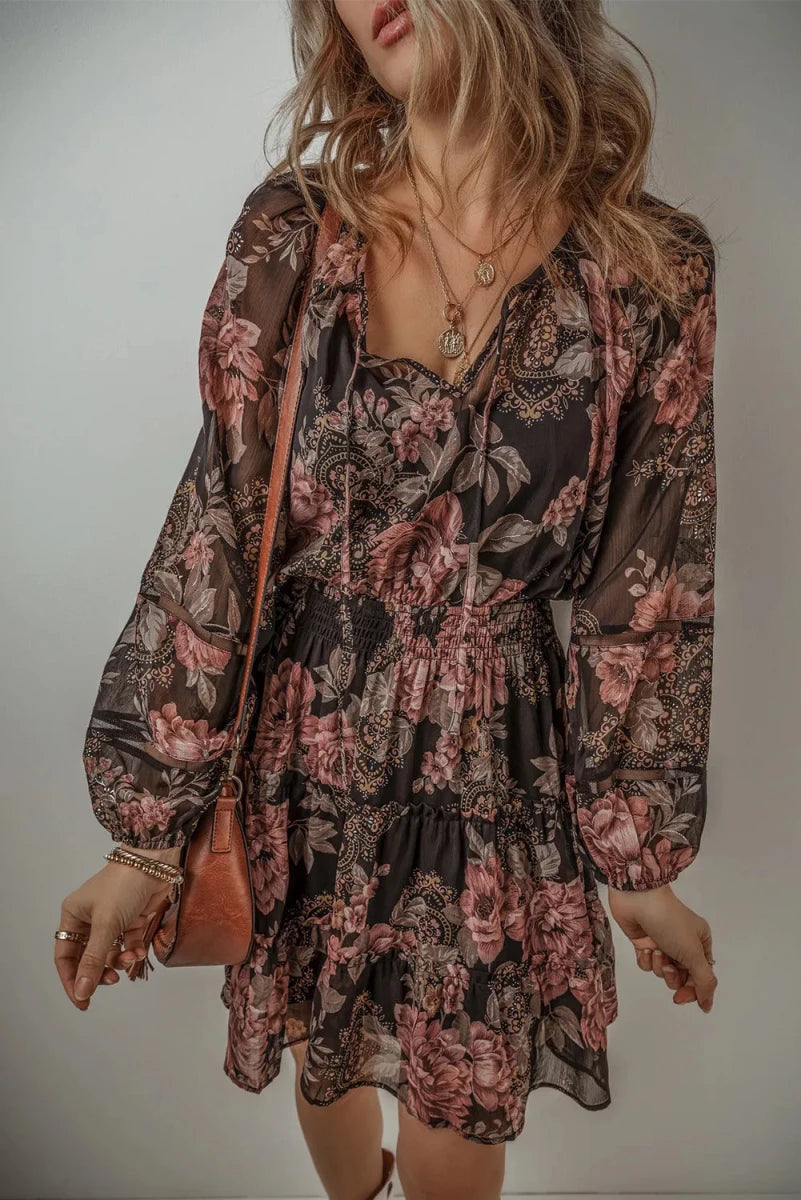 Printed Tie Neck Long Sleeve Mini Dress - Wow Store