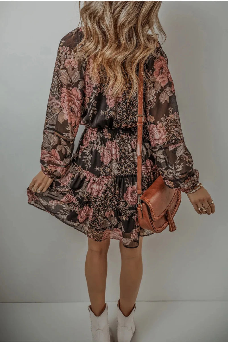Printed Tie Neck Long Sleeve Mini Dress - Wow Store