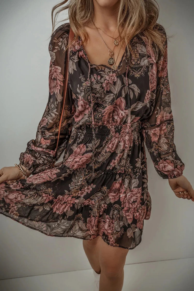 Printed Tie Neck Long Sleeve Mini Dress - Wow Store