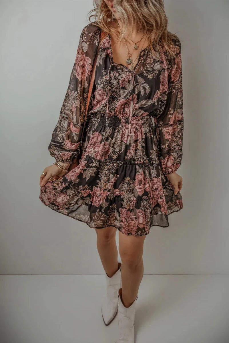 Printed Tie Neck Long Sleeve Mini Dress - Wow Store