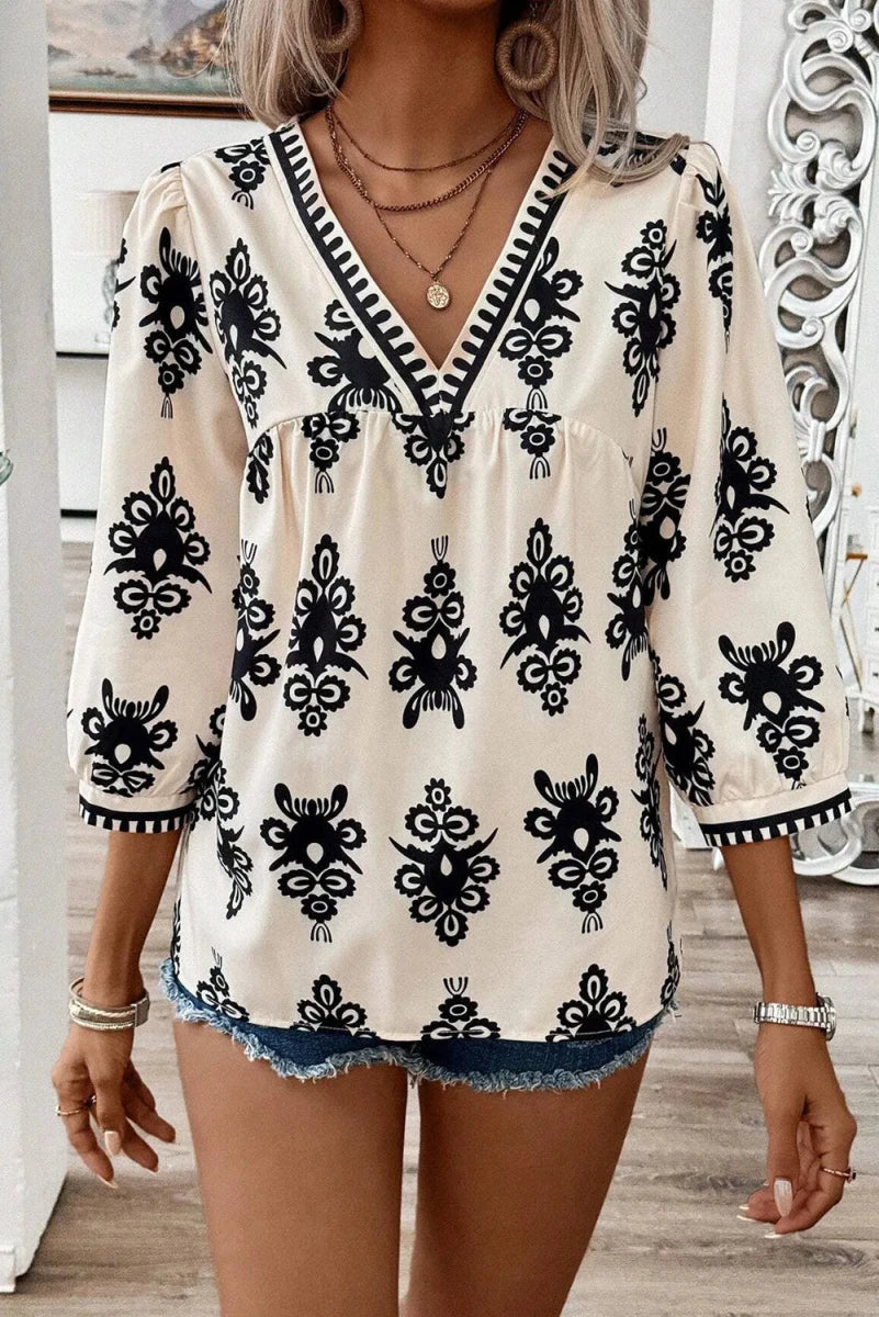 Printed V - Neck Three - Quarter Sleeve Blouse - Wow Store