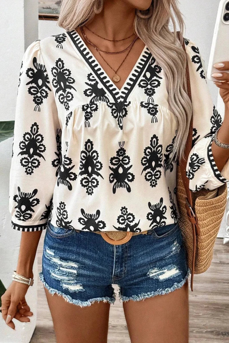 Printed V - Neck Three - Quarter Sleeve Blouse - Wow Store