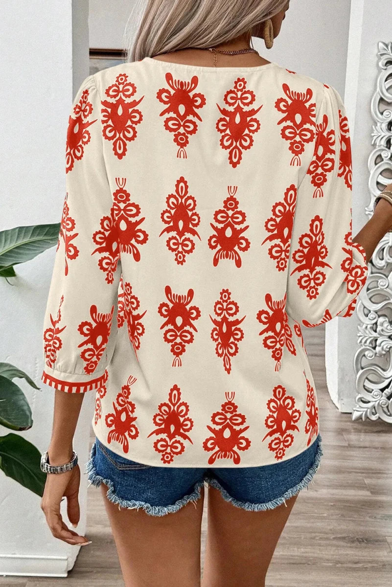 Printed V - Neck Three - Quarter Sleeve Blouse - Wow Store